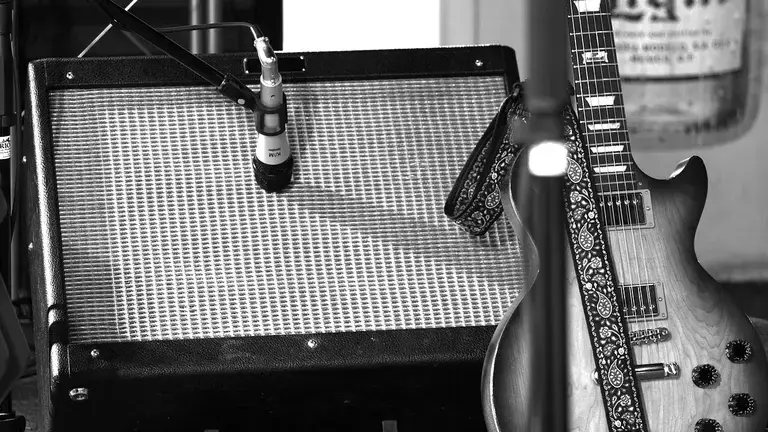 Amp and guitar in a studio
