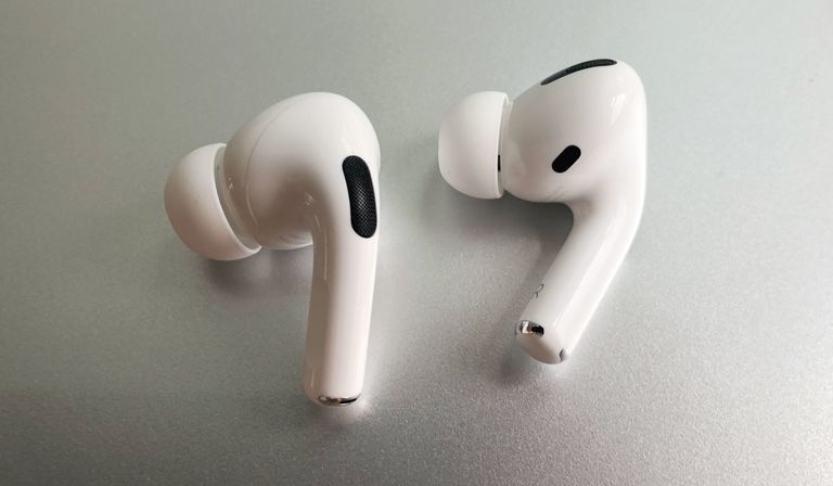 Closeup photo of the Apple AirPods Pro headphones