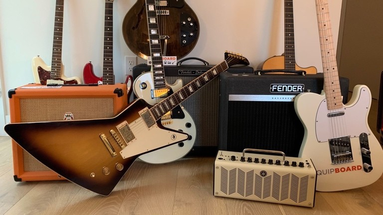 Some of the guitars and amplifiers we used to test these fuzz pedals