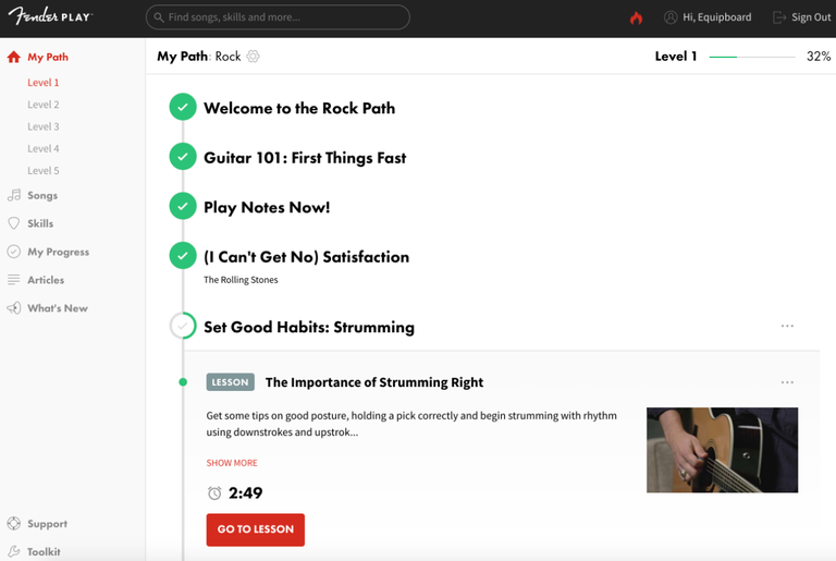 Screenshot of Fender Play's My Path member dashboard
