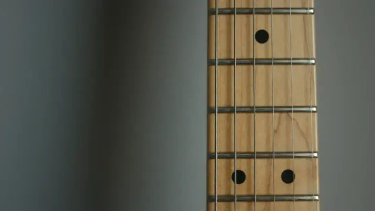 Closeup of electric guitar guitar frets.
