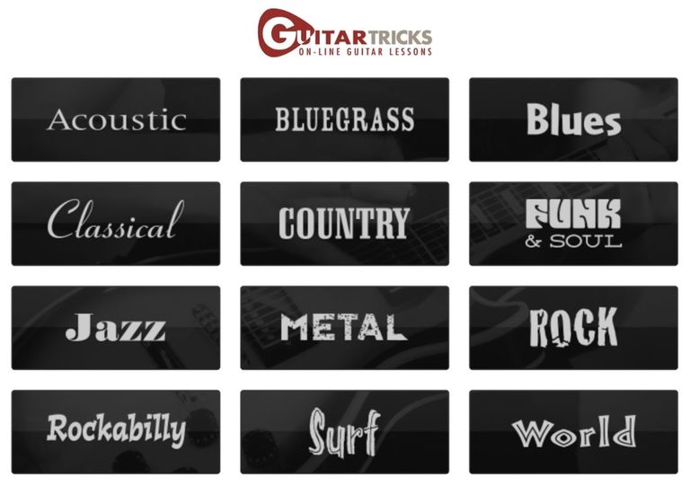 Screenshot of style and genre guitar lessons offered by Guitar Tricks