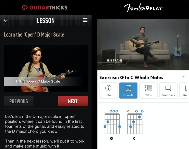 Screenshot comparing Guitar Tricks' mobile app versus Fender Play's mobile app