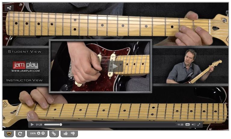 Screenshot of a JamPlay guitar lesson showing multiple camera angles