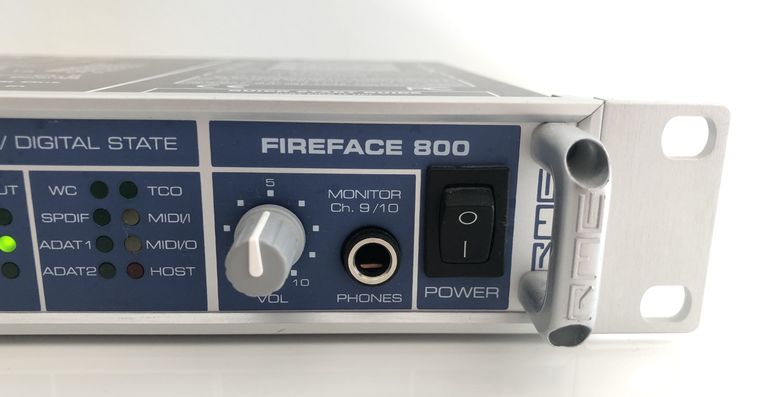 Closeup photo of the headphone output of the RME Fireface 800 audio interface