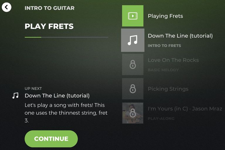 Screenshot of the contents of a Yousician guitar lesson.