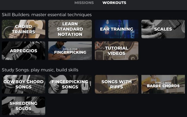 Screenshot of guitar workouts and skills in Yousician