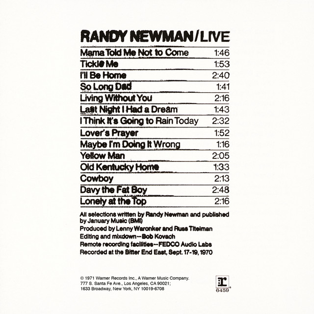 Randy Newman / Live album cover