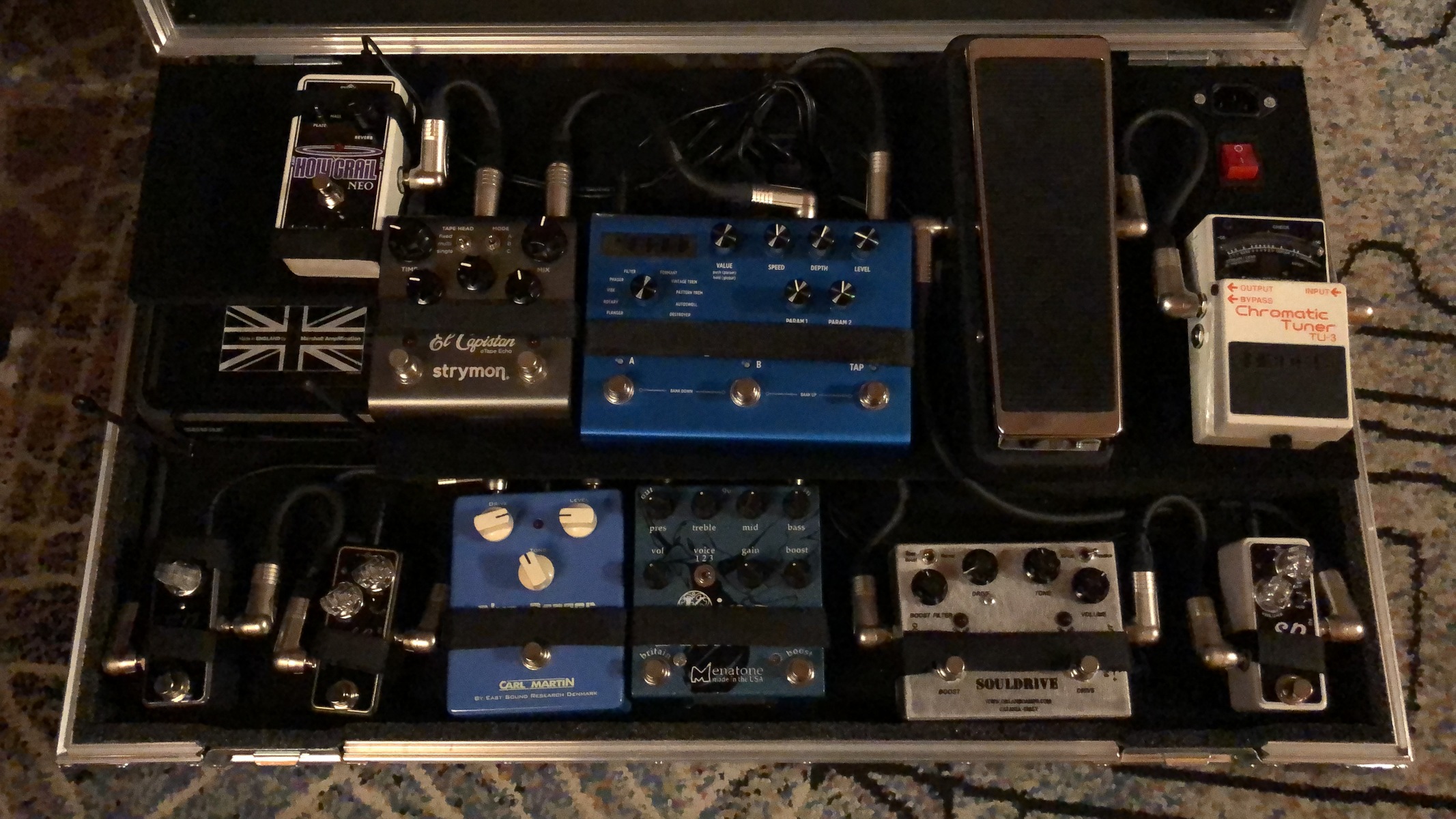 Pedalboard by jacksparrow65 featuring Boss TU-3 Chromatic Tuner, Electro-Harmonix Holy Grail Nano, and Strymon El Capistan dTape Echo