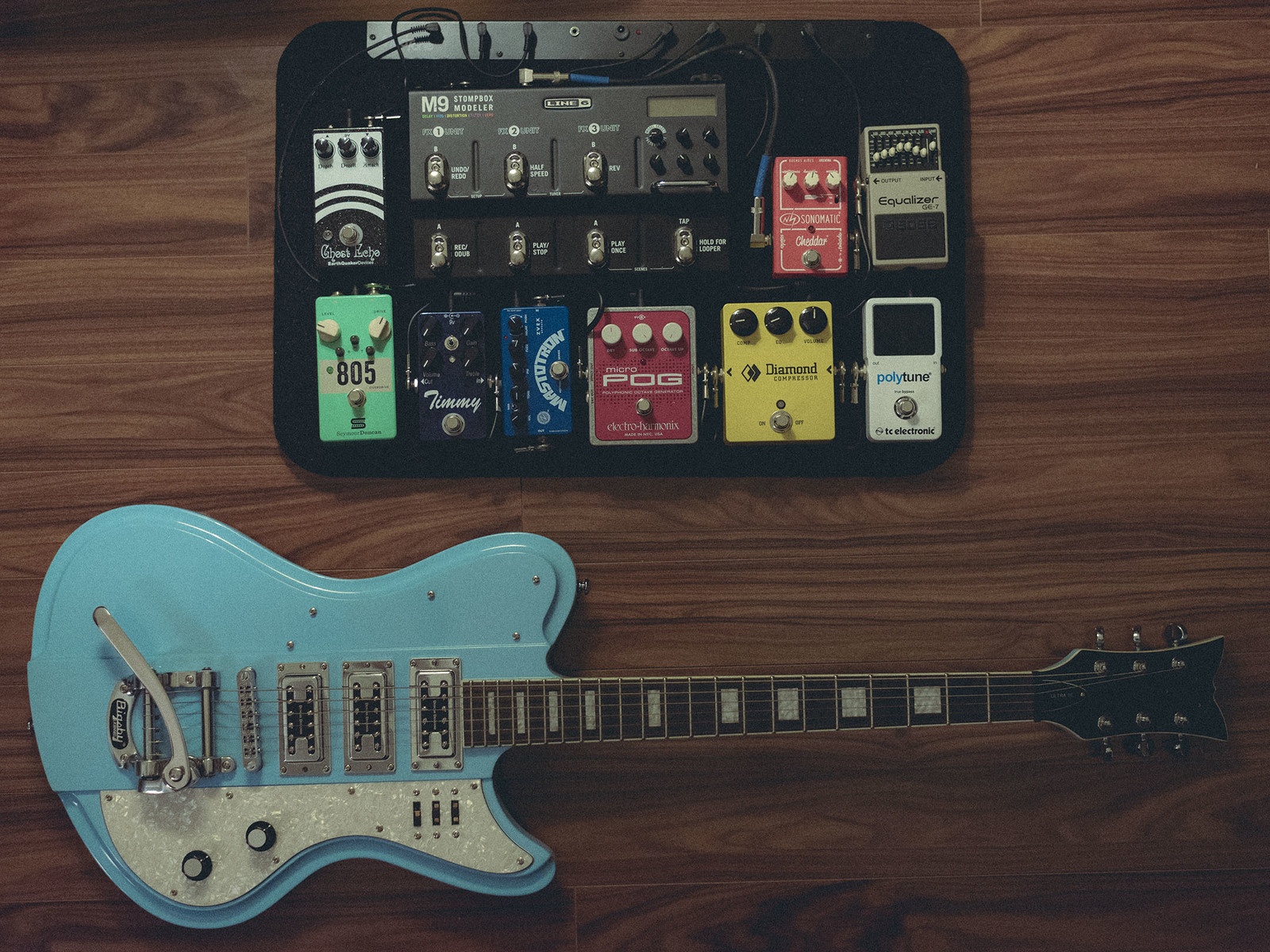 Pedalboard by aquariem featuring Boss GE-7 Graphic Equalizer, Electro-Harmonix Micro POG Polyphonic Octave Generator, and ZVex Mastotron and 8 more pieces of gear
