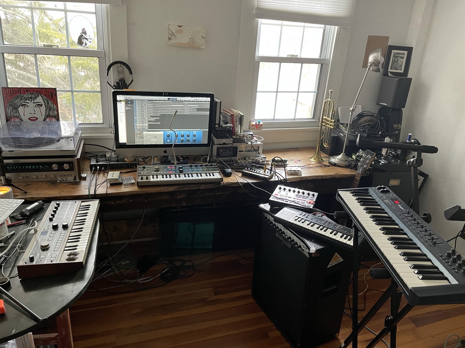 Electronic Studio Setup by synthesthesiologist featuring Korg MicroKORG, M-Audio Oxygen 49 MKII 49-Key USB MIDI Keyboard Controller, and Korg Volca Beats and 3 more pieces of gear