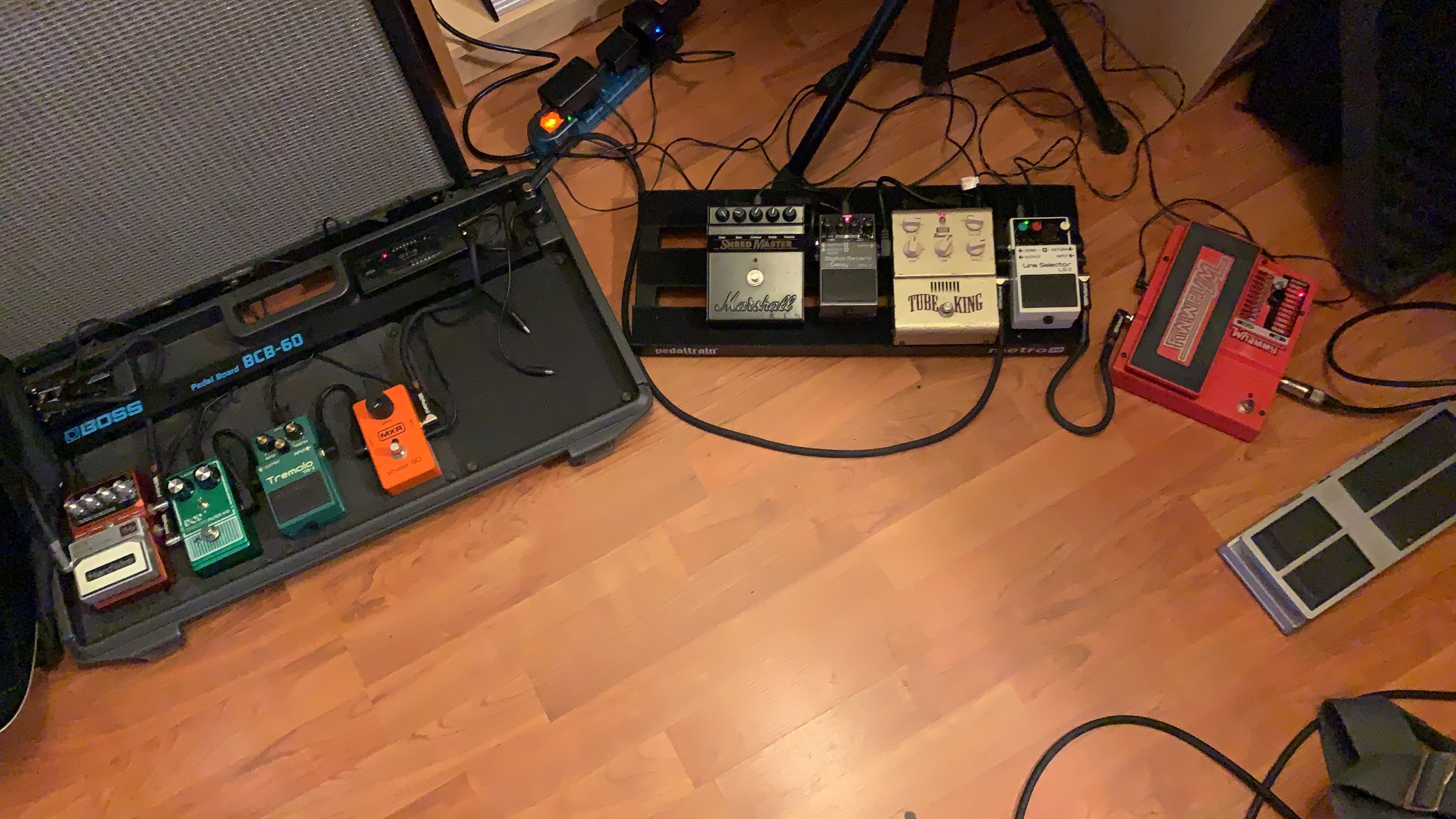 Boss Pedalboard by map featuring Boss LS-2 Line Selector, Boss RV-3 Digital Reverb/Delay, and Boss TR-2 Tremolo and 7 more pieces of gear