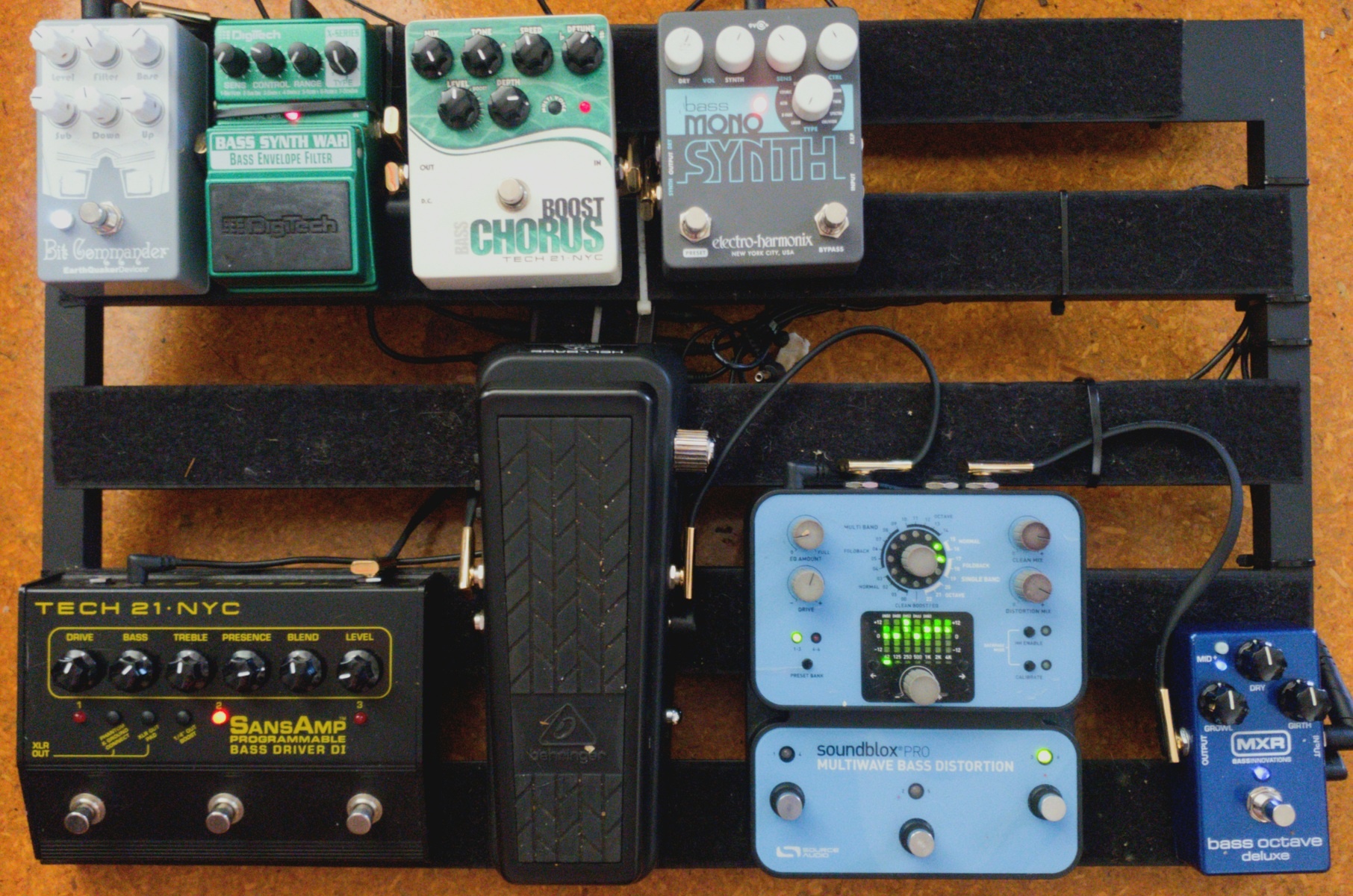 Pedalboard by aaron_kivell featuring MXR M288 Bass Octave Deluxe, Tech 21 SansAmp Programmable Bass Driver Direct Input, and EarthQuaker Devices Bit Commander and 5 more pieces of gear
