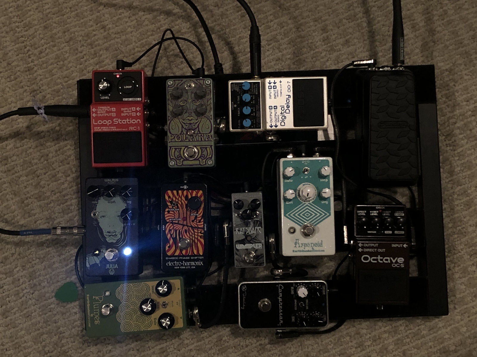 Pedalboard by zachmisk featuring Boss DD-7 Digital Delay, Electro-Harmonix Nano Small Stone, and DigiTech Polara and 7 more pieces of gear