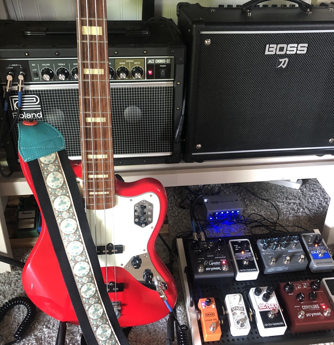 Pedalboard by kimber_anderson_mitchell featuring Roland JC-22 Jazz Chorus, Boss Katana-50, and Fender MIJ Jaguar Bass