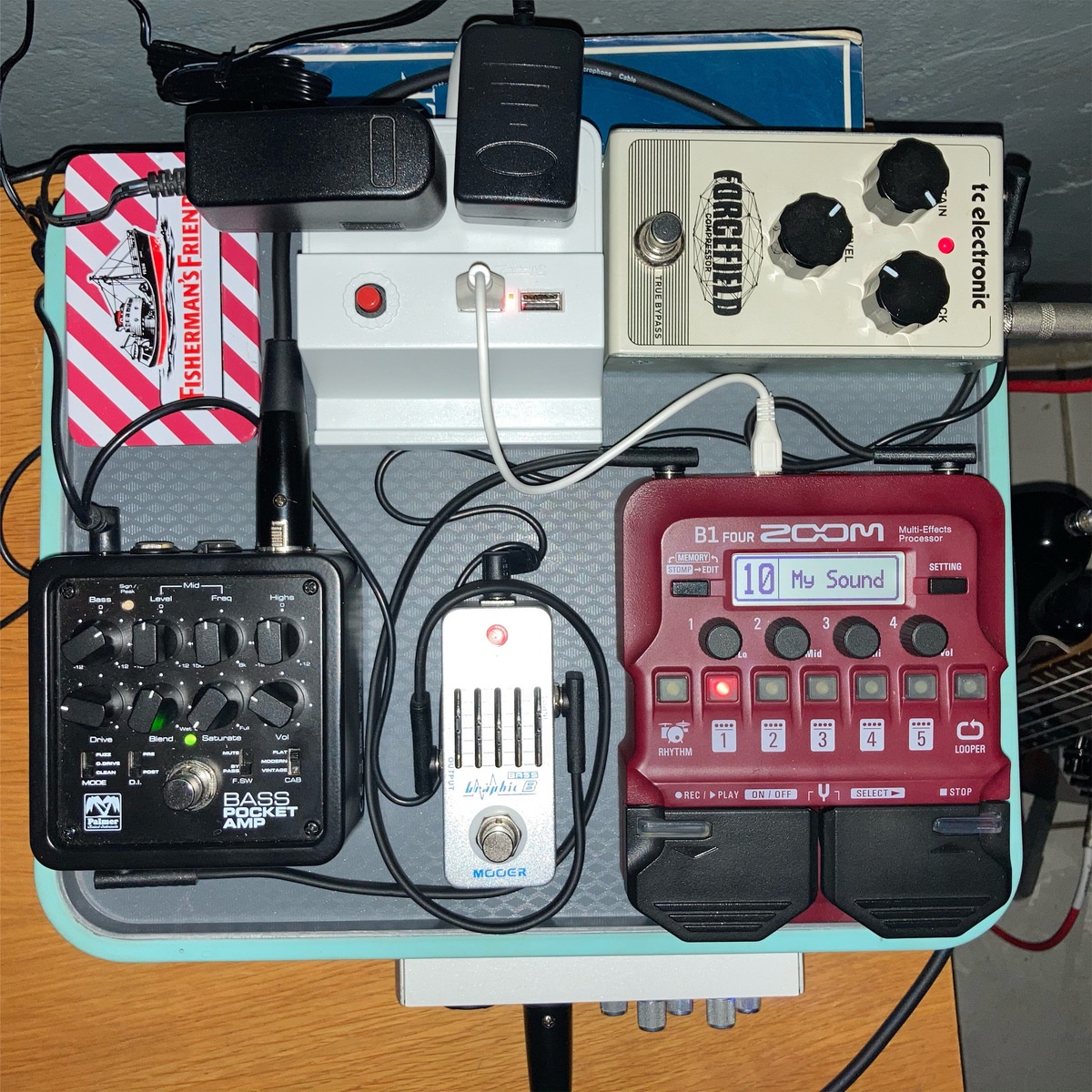 Pedalboard by marcelschmidt featuring TC Electronic Forcefield Compressor, Palmer Pocket Amp Bass Preamplifier, and Zoom B1 Four and 1 more piece of gear