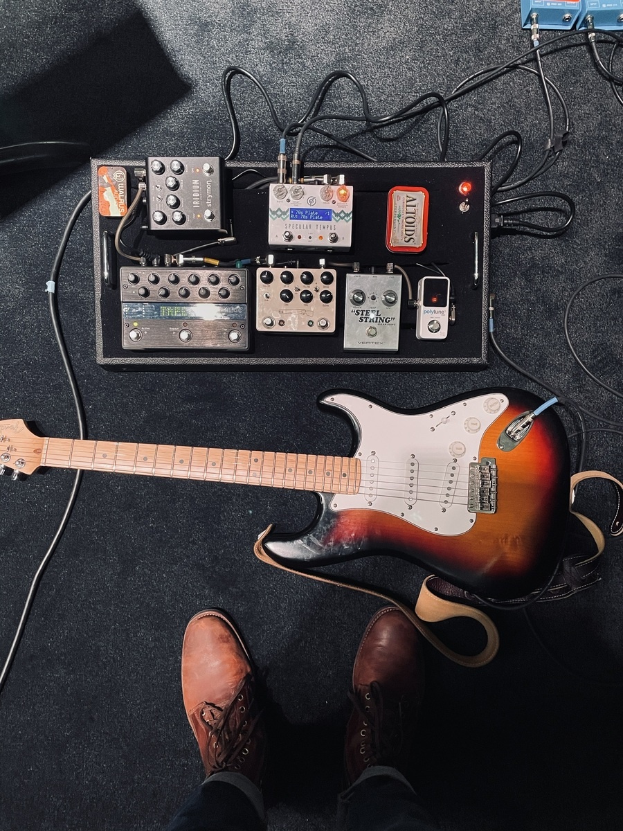 Pedalboard by ethan_flores featuring Eventide TimeFactor Twin Delay, Fender American Standard Stratocaster, and Vertex Steel String Clean Drive and 3 more pieces of gear