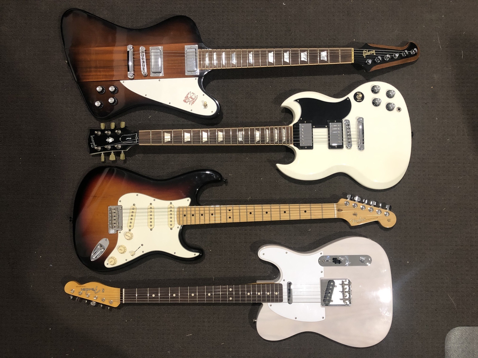 Fender Music Gear Setup by thespann featuring Fender Stratocaster Custom Shop, Gibson Firebird V, and Gibson SG Standard 120th Anniversary Electric Guitar and 1 more piece of gear