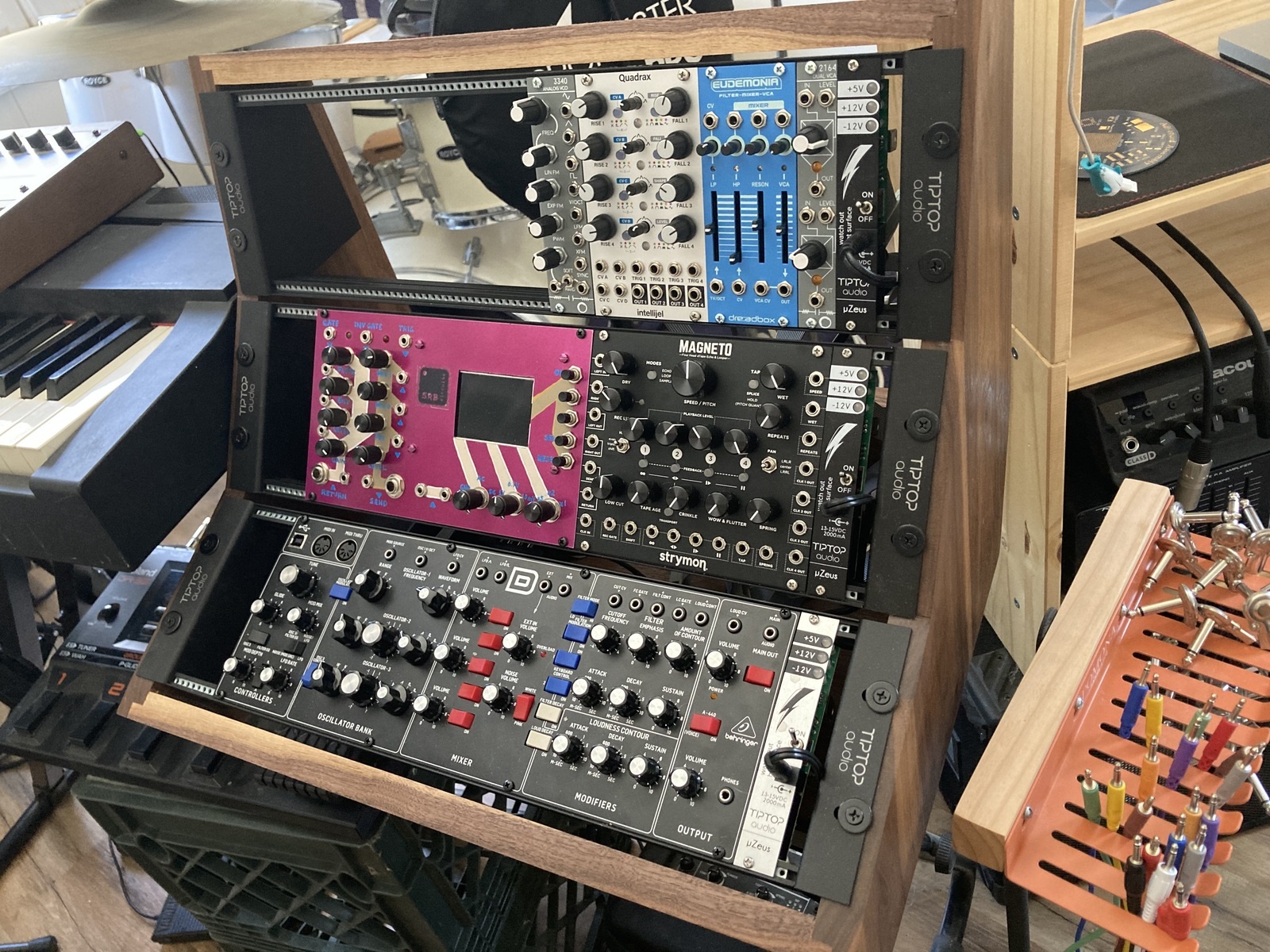 Electronic Synth Setup by stephen_bourque featuring Behringer Model D, Strymon Magneto Four Head dTape Echo and Looper, and Tiptop Audio uZeus and 3 more pieces of gear