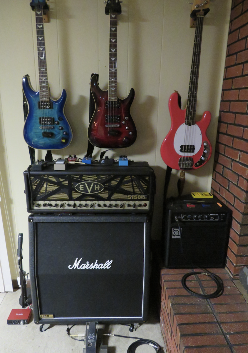Metal Amp Rig by jmcsquared featuring Marshall 1960A 4x12'' Cabinet, Sterling by Music Man S.U.B., and EVH 5150IIIS EL34 100-watt Tube Head and 2 more pieces of gear