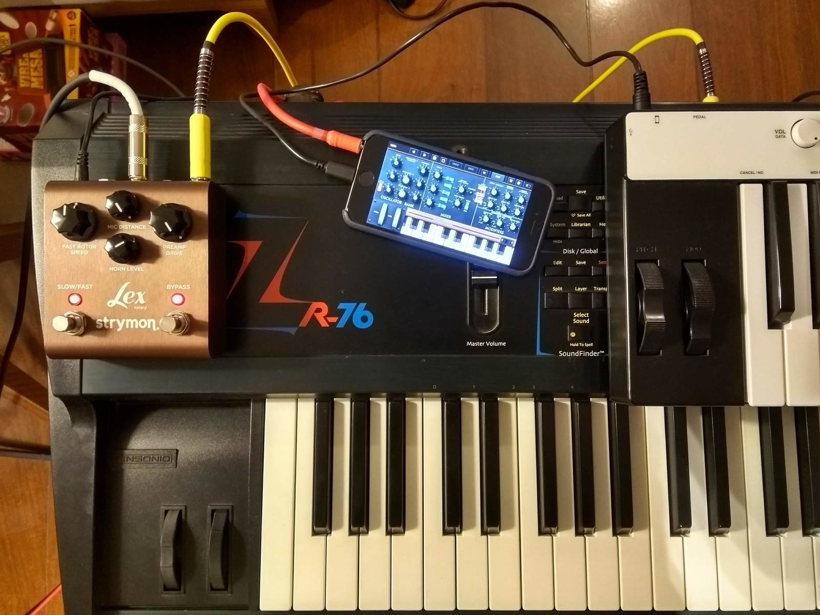 Electronic Studio Setup by andreleme featuring Apple iPhone (General/Latest/Any Version), IK Multimedia Irig Keys Pro, and Strymon Lex and 1 more piece of gear
