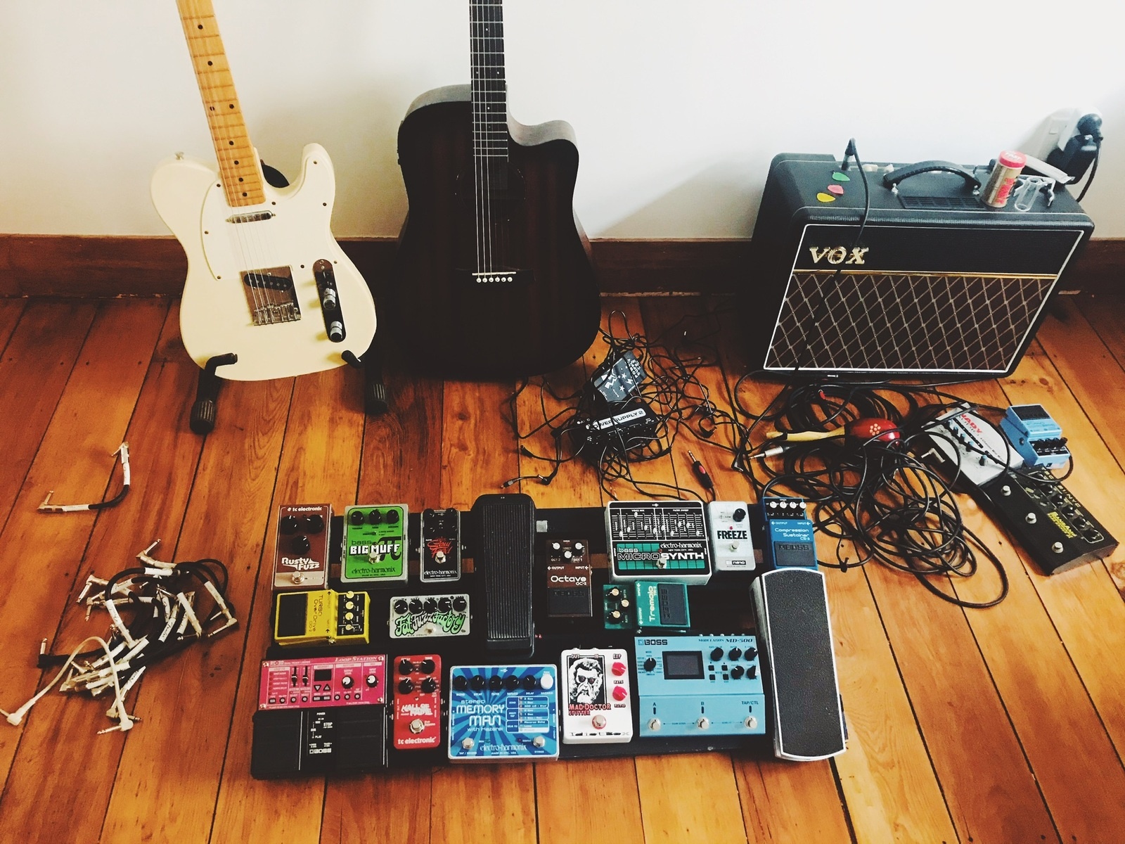 Pedalboard by steph_said_so featuring Vox AC30 Guitar Combo Amp, Electro-Harmonix Stereo Memory Man with Hazarai, and Boss TR-2 Tremolo and 19 more pieces of gear