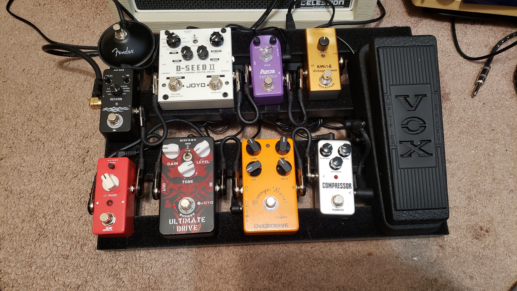 Metal Pedalboard by jrsivmusic featuring Vox V845 Wah Pedal, Joyo JF-02 Ultimate Drive, and Caline Orange Burst Overdrive and 4 more pieces of gear