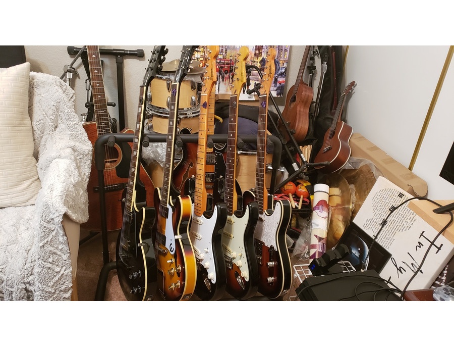 Photo of Squier Classic Vibe 50's Stratocaster and more gear in a studio, guitar, and Drums