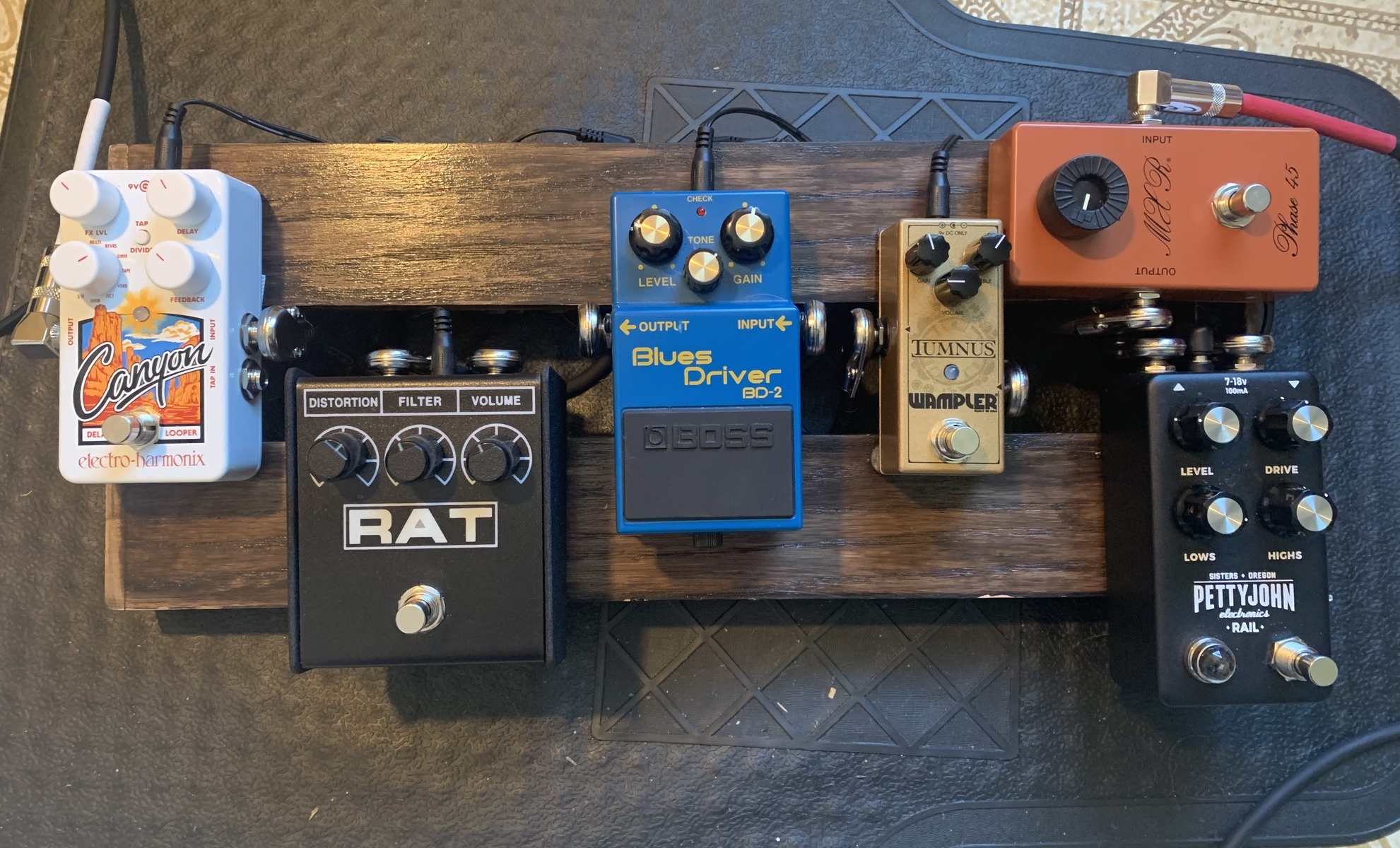 Pedalboard by grandaddyjeff featuring Boss BD-2 Blues Driver, Pro Co RAT 2, and MXR CSP105 '75 Vintage Phase 45 (Handwired) and 2 more pieces of gear