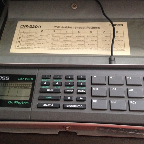 Photo of Boss DR-220A Dr. Rhythm in a studio, drums, and synths