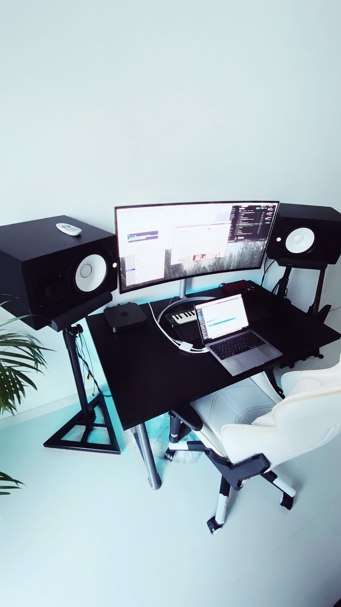 Electronic Studio Setup by ryanccivi featuring LG 38UC99-W 37,5" 21:9 Curved UltraWide QHD+ Monitor, Yamaha HS8, and Apple Mac Mini (General) and 5 more pieces of gear