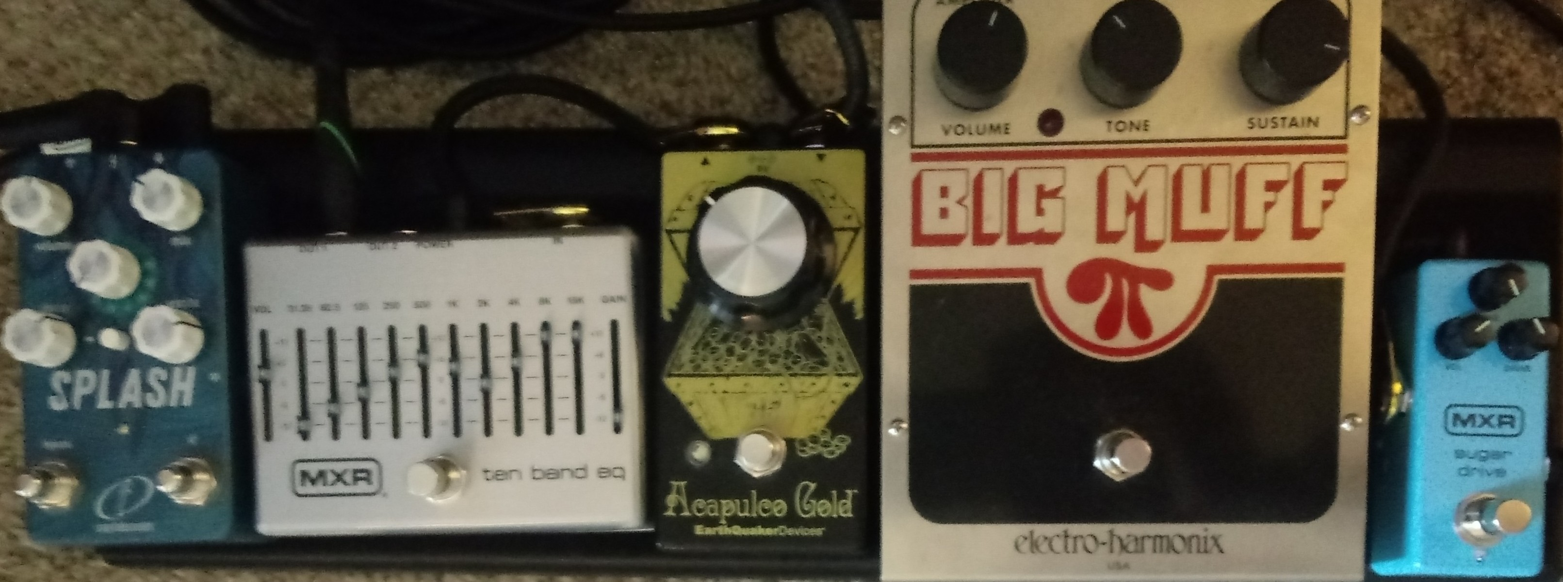 Pedalboard by artifex_adrift featuring MXR M294 Sugar Drive, Electro-Harmonix Big Muff Pi, and EarthQuaker Devices Acapulco Gold V2 and 4 more pieces of gear