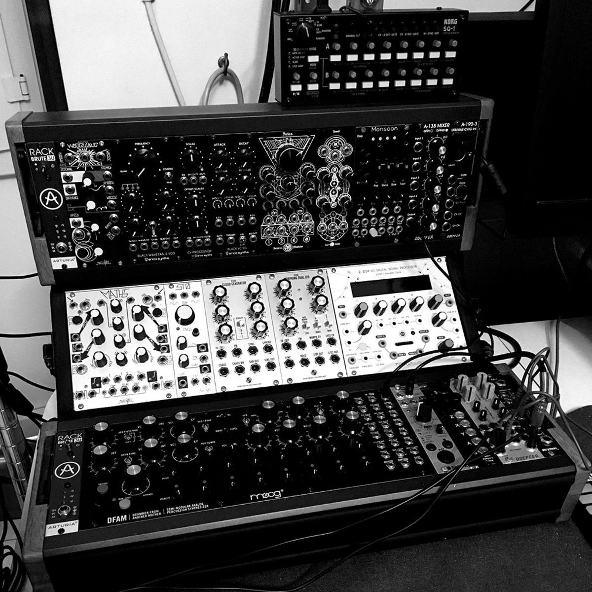 Electronic Synth Setup by ross_dedo featuring Moog DFAM - Drummer From Another Mother, Arturia RackBrute 3U, and Make Noise Maths and 7 more pieces of gear