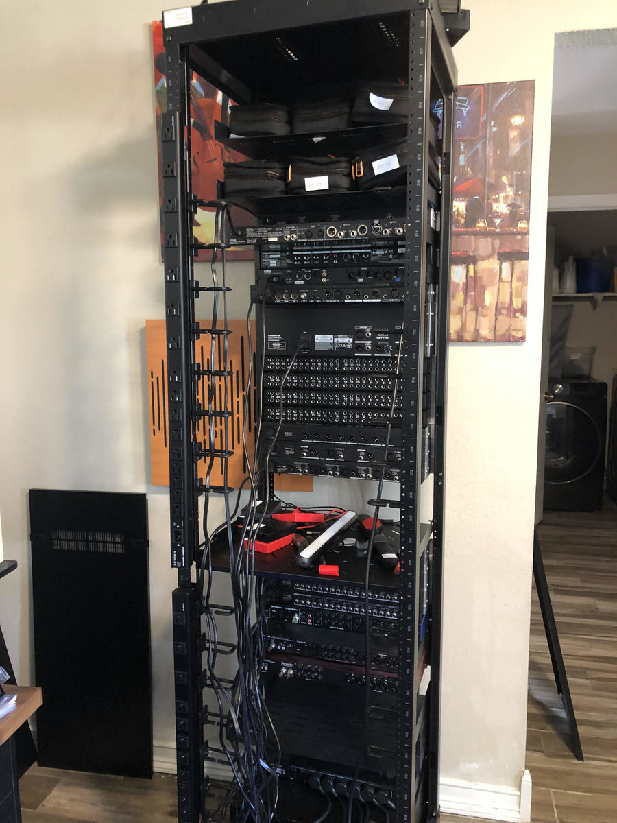Electronic Studio Setup by cobaltorder featuring DavisTech 42U AV Rack, NavePoint 1U Horizontal 19-Inch Rack Mount Cable Management Raceway Duct Panel, and NavePoint 1U Vented Shelf and 23 more pieces of gear