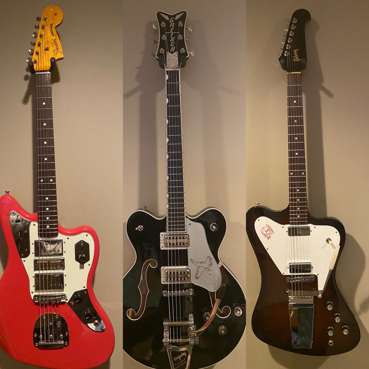 Music Gear Setup by mike_massa featuring Gibson Firebird Non-Reversed, Gretsch G6636TSL Players Edition Silver Falcon Center Block Double-Cut w/String-Thru Bigsby, and Fender Classic '60s Jaguar Lacquer