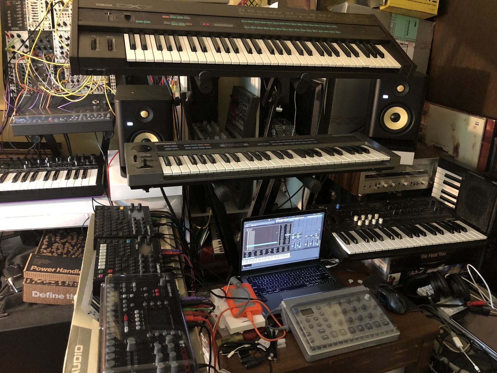 Electronic Studio Setup by sinkingfeeling featuring Yamaha DX7, Roland HS-10 Synthesizer, and Elektron Octatrack DPS-1 and 8 more pieces of gear