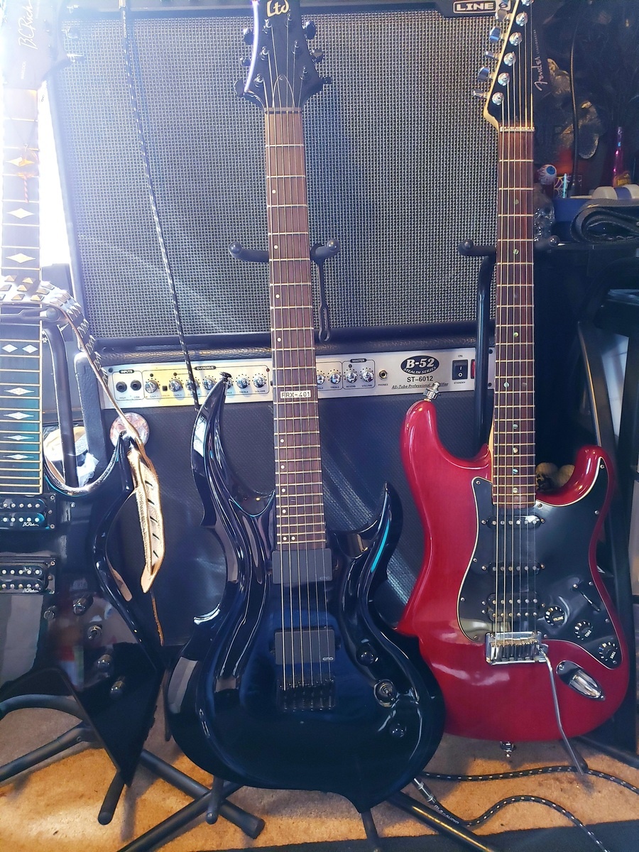 Music Gear Setup by brian_oblivion featuring B.C. Rich Warlock Electric Guitar, LTD FRX-401, and Fender Stratocaster Electric Guitar