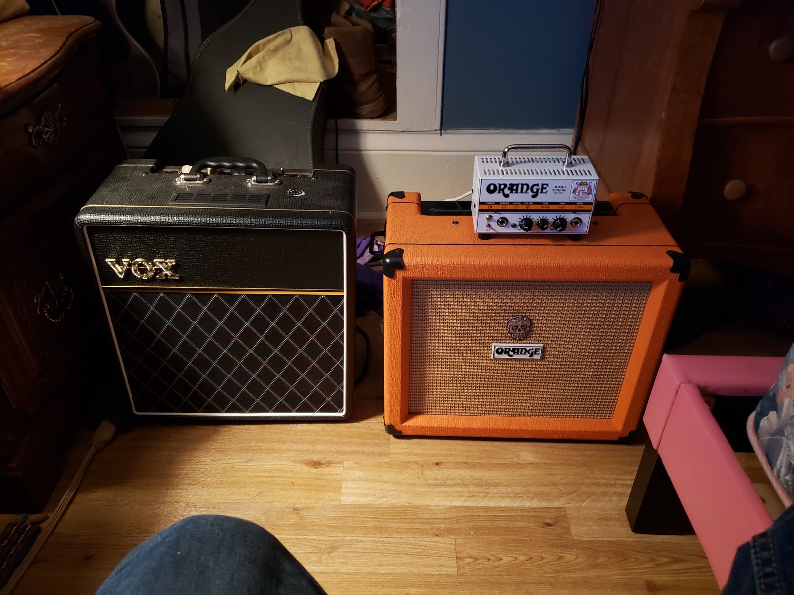 Metal Amp Rig by stran9ebrew featuring Vox AC4 C1-12 4 Watt Class A Tube Guitar Amp Combo With 12" Speaker, Orange Micro Terror, and Orange Micro Terror Cabinet PPC108
