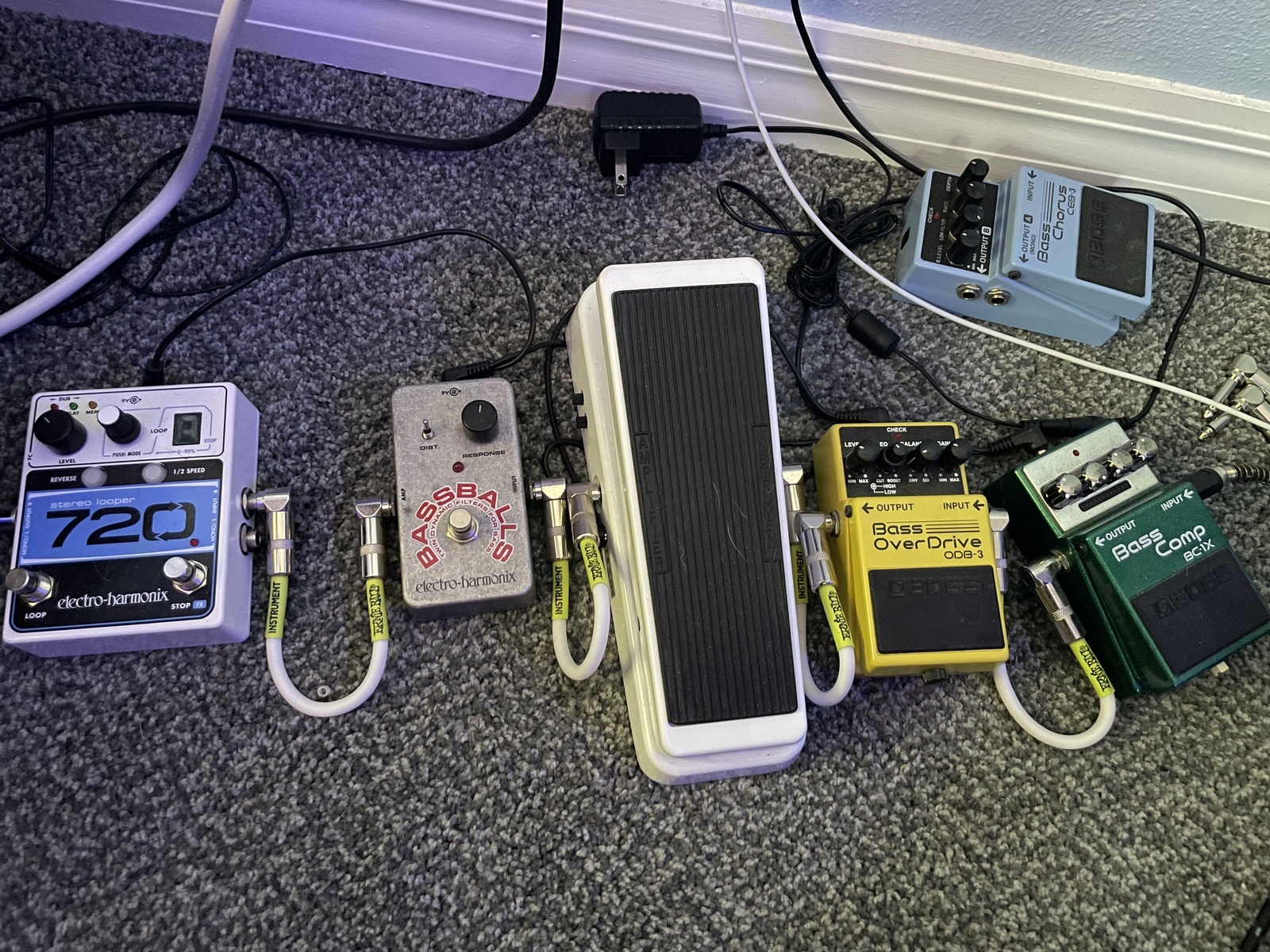 Boss Pedalboard by jeff_longo featuring Electro-Harmonix Bassballs Nano Envelope Filter, Boss ODB-3 Bass OverDrive, and Dunlop Bass Q Crybaby and 3 more pieces of gear