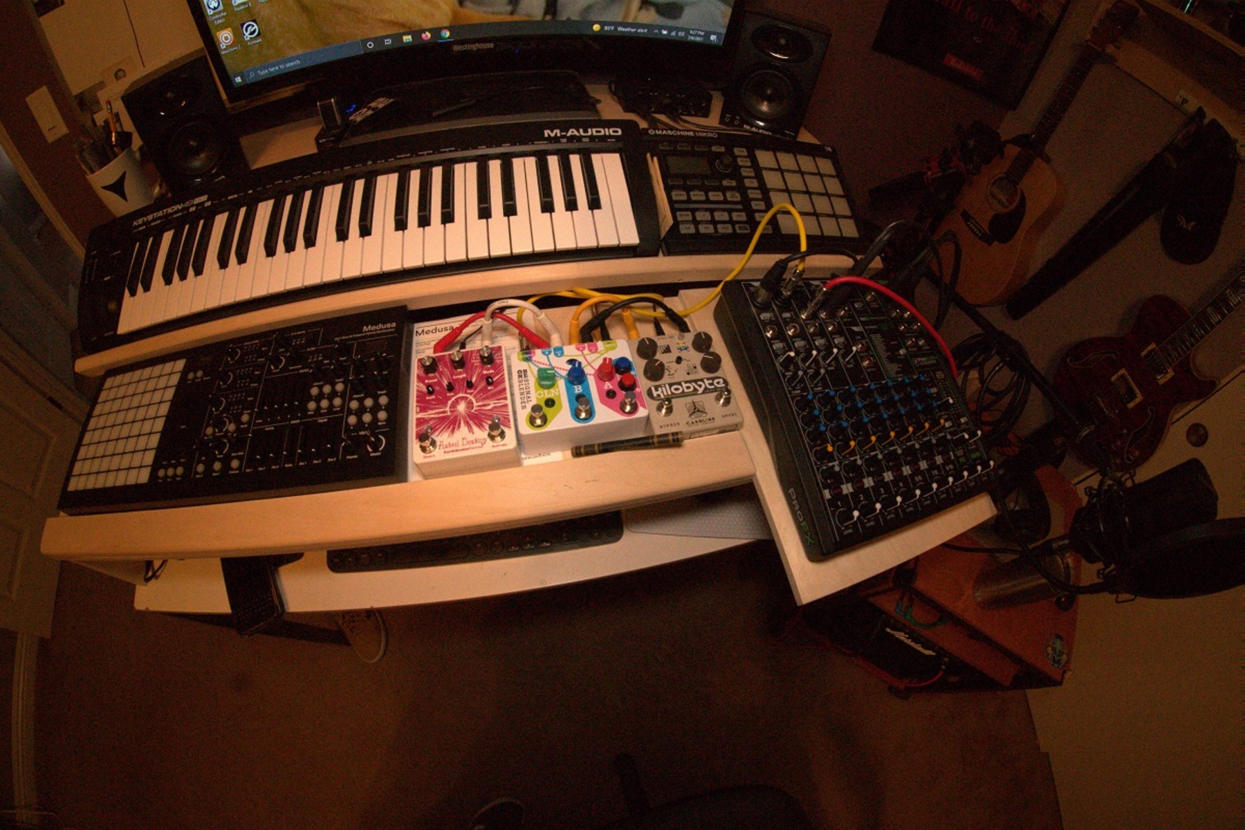 Electronic Studio Setup by redbrown featuring EarthQuaker Devices Astral Destiny, Caroline Guitar Company Kilobyte Lo-Fi Delay, and M-Audio Keystation 49es MIDI Controller and 4 more pieces of gear