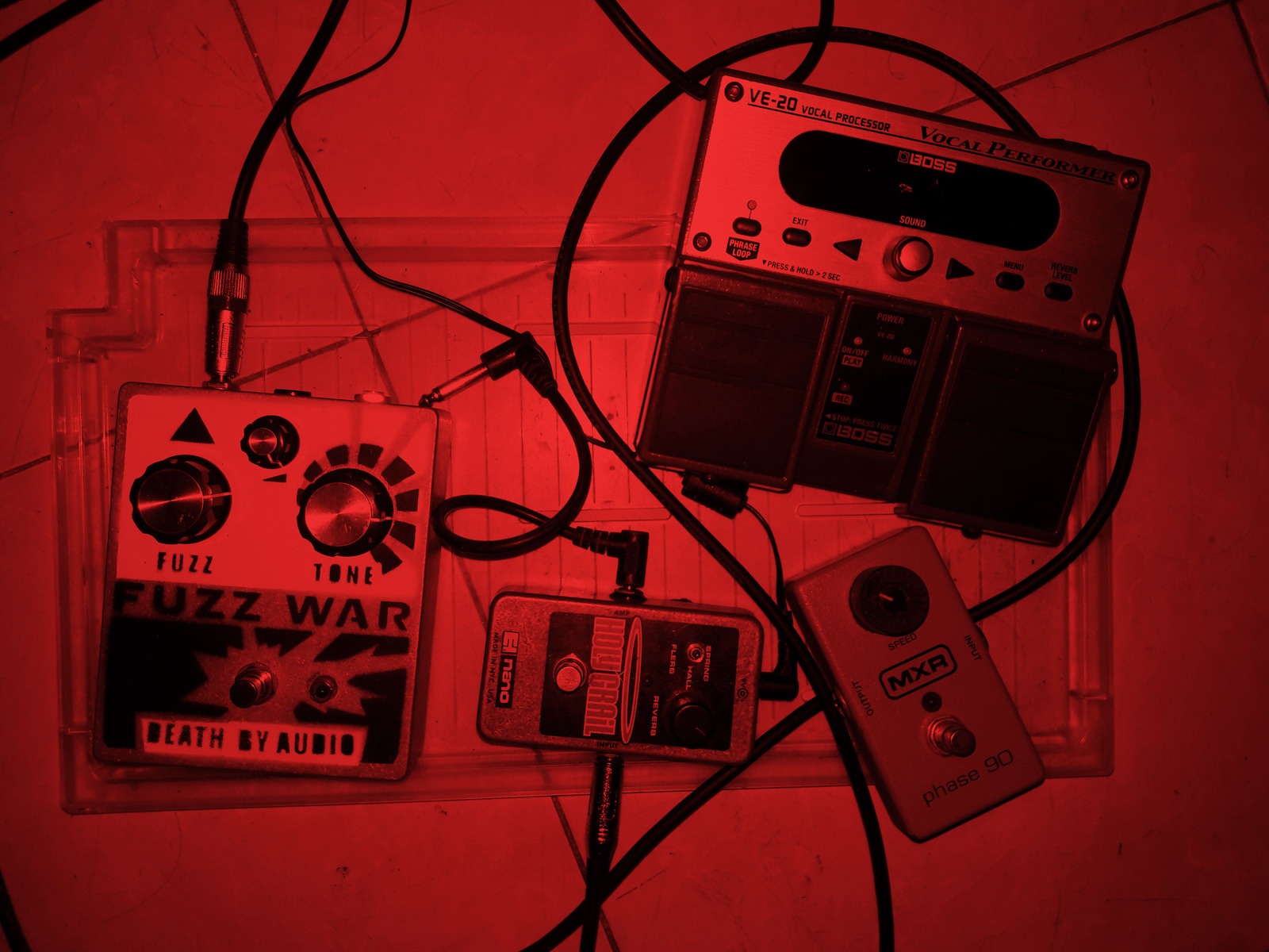 Pedalboard by nuhina featuring Death By Audio Fuzz War, Electro-Harmonix Holy Grail Nano, and Boss VE-20 Vocal Performer and 1 more piece of gear