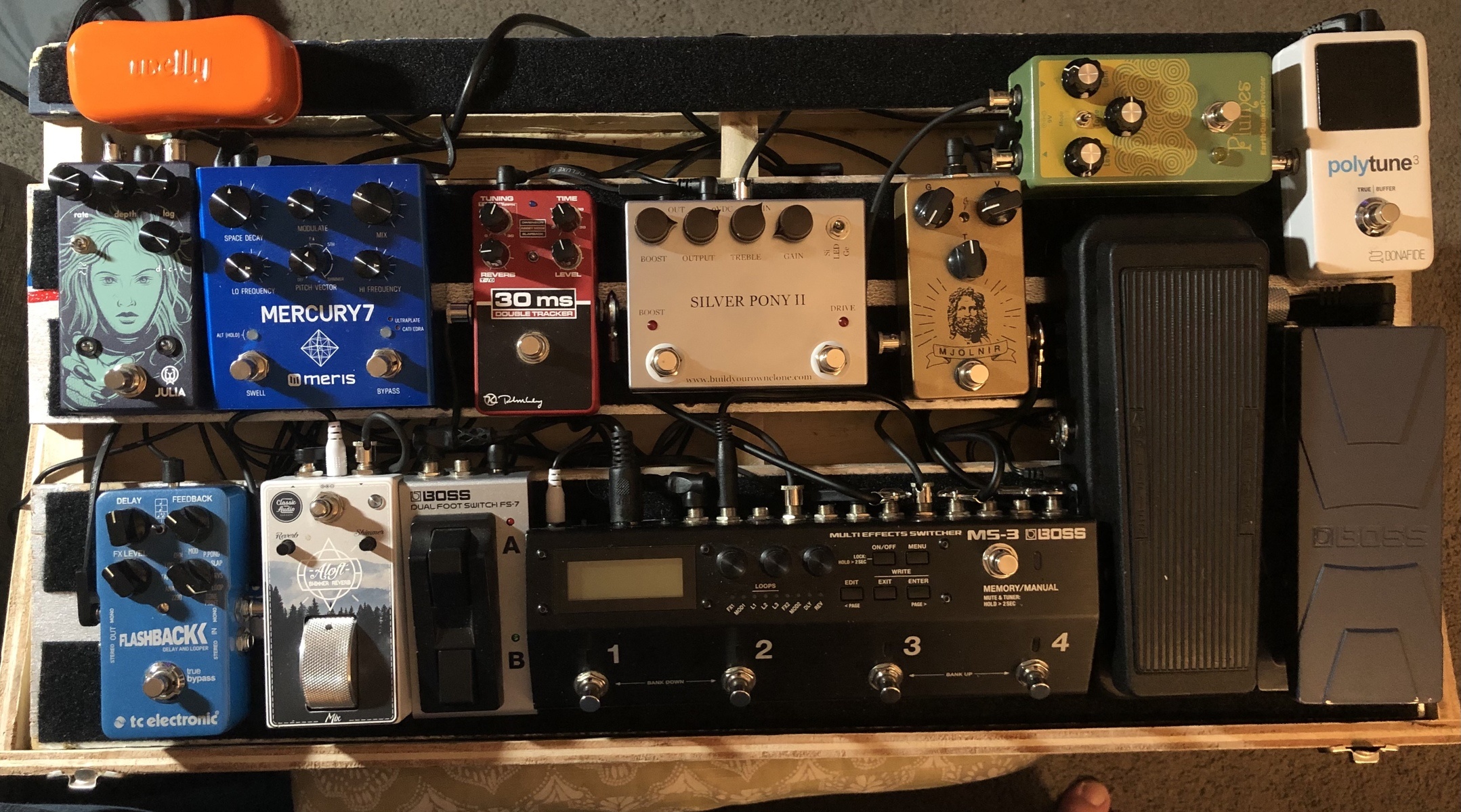 Pedalboard by bigdaddy featuring Meris Mercury7, Boss MS-3 Multi Effects Switcher, and Keeley 30ms Automatic Double Tracker and 5 more pieces of gear