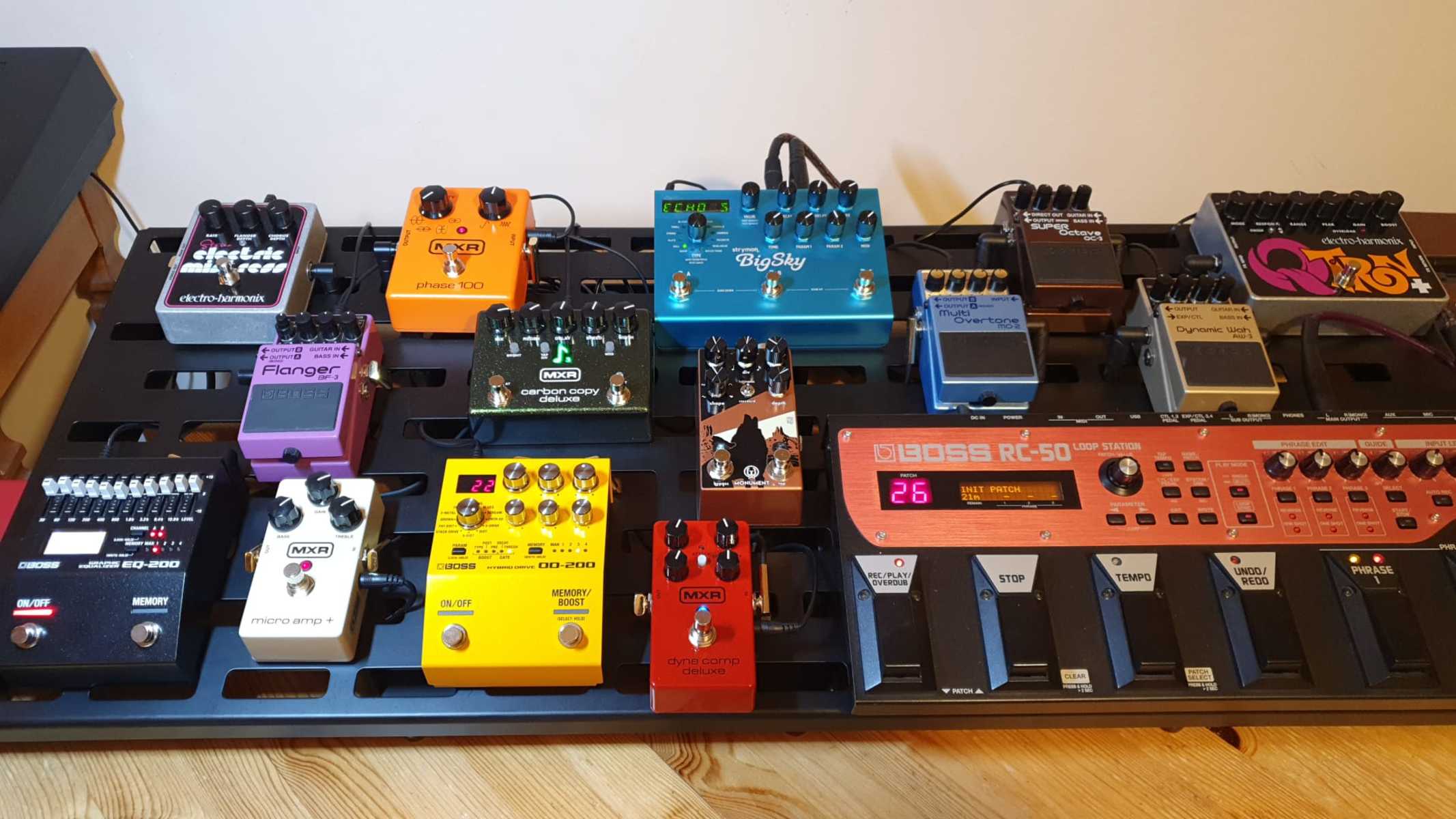 Boss Music Gear Setup by aravin_dhillon featuring Boss BF-2 Flanger, Boss OD-200 Hybrid Drive, and Boss RC-50 Loop Station and 12 more pieces of gear
