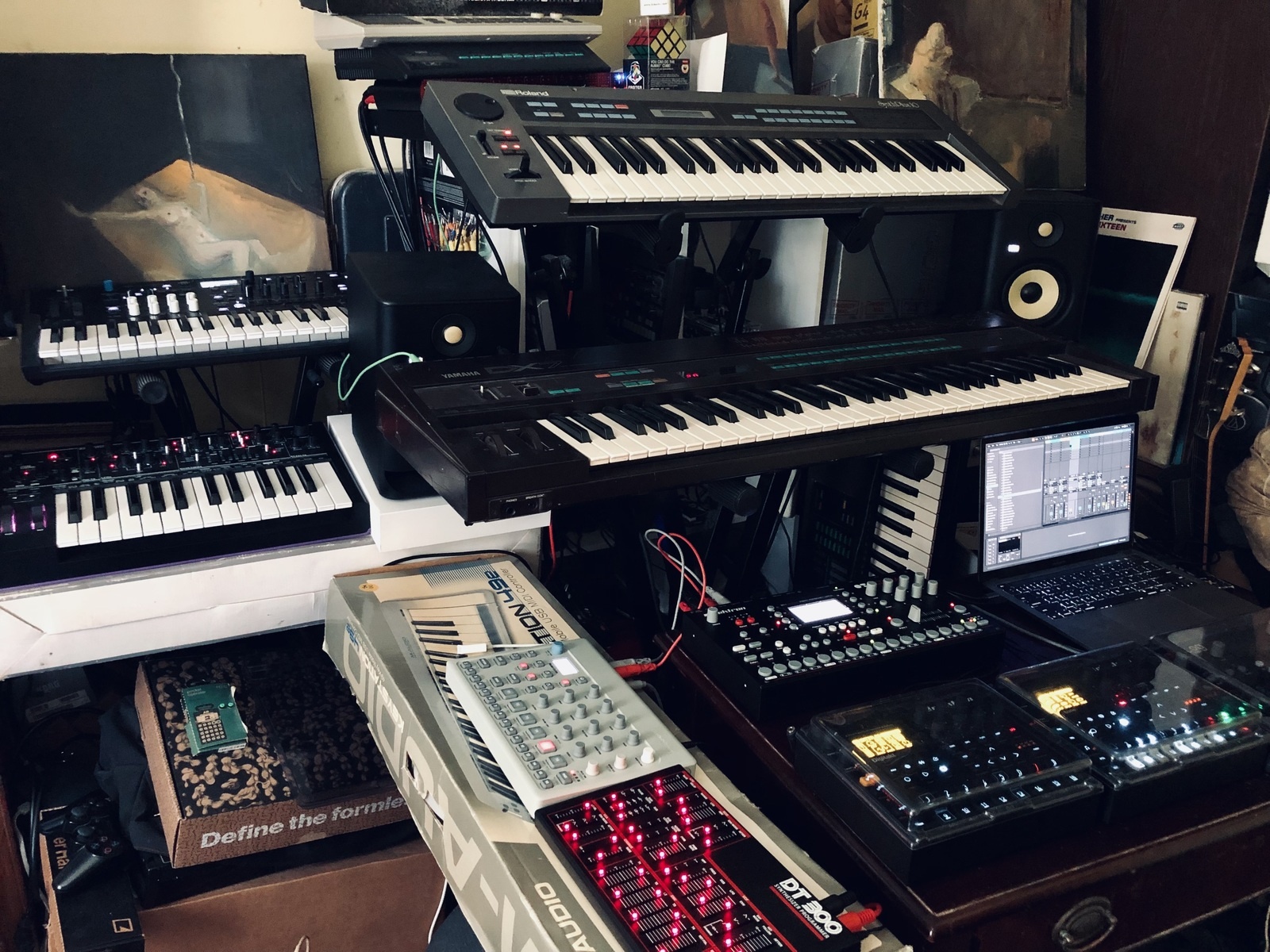 Electronic Studio Setup by sinkingfeeling featuring Roland HS-10 Synthesizer, Dtronics DT-300, and Elektron Model:Cycles and 11 more pieces of gear