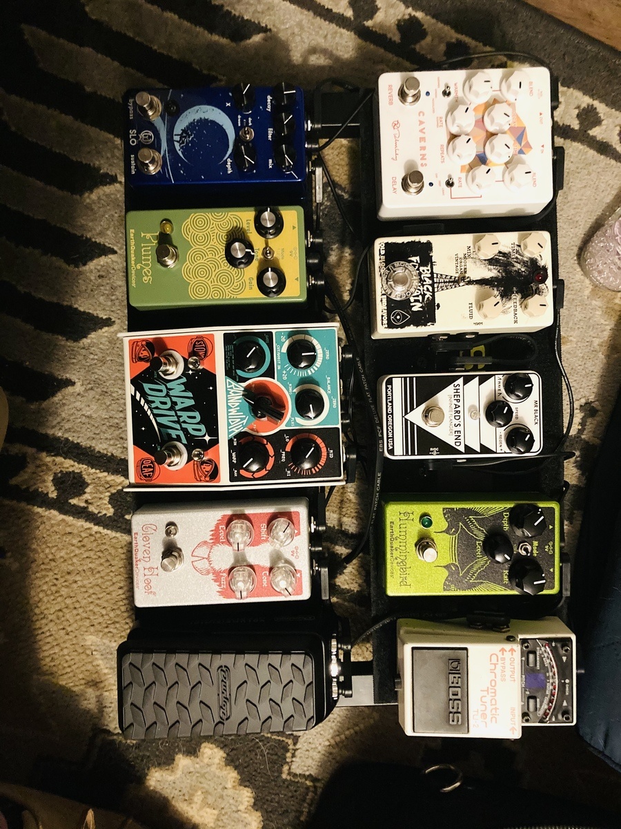 Music Gear Setup by chris_stennett featuring EarthQuaker Devices Cloven Hoof, Stone Deaf FX Warp Drive, and Dunlop Volume X Mini Pedal DVP4 and 8 more pieces of gear