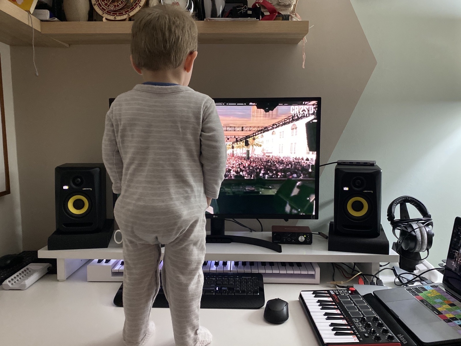 Electronic Studio Setup by vangart featuring Arturia KeyLab Essen­tial 49, Focusrite Scarlett Solo 2nd Gen, and KRK Rokit Powered 4" Generation 3 and 2 more pieces of gear
