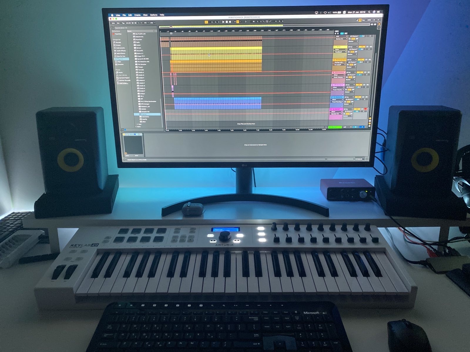 Music Gear Setup by vangart featuring Arturia KeyLab Essen­tial 49, KRK Rokit Powered 4" Generation 3, and Focusrite Scarlett Solo 2nd Gen