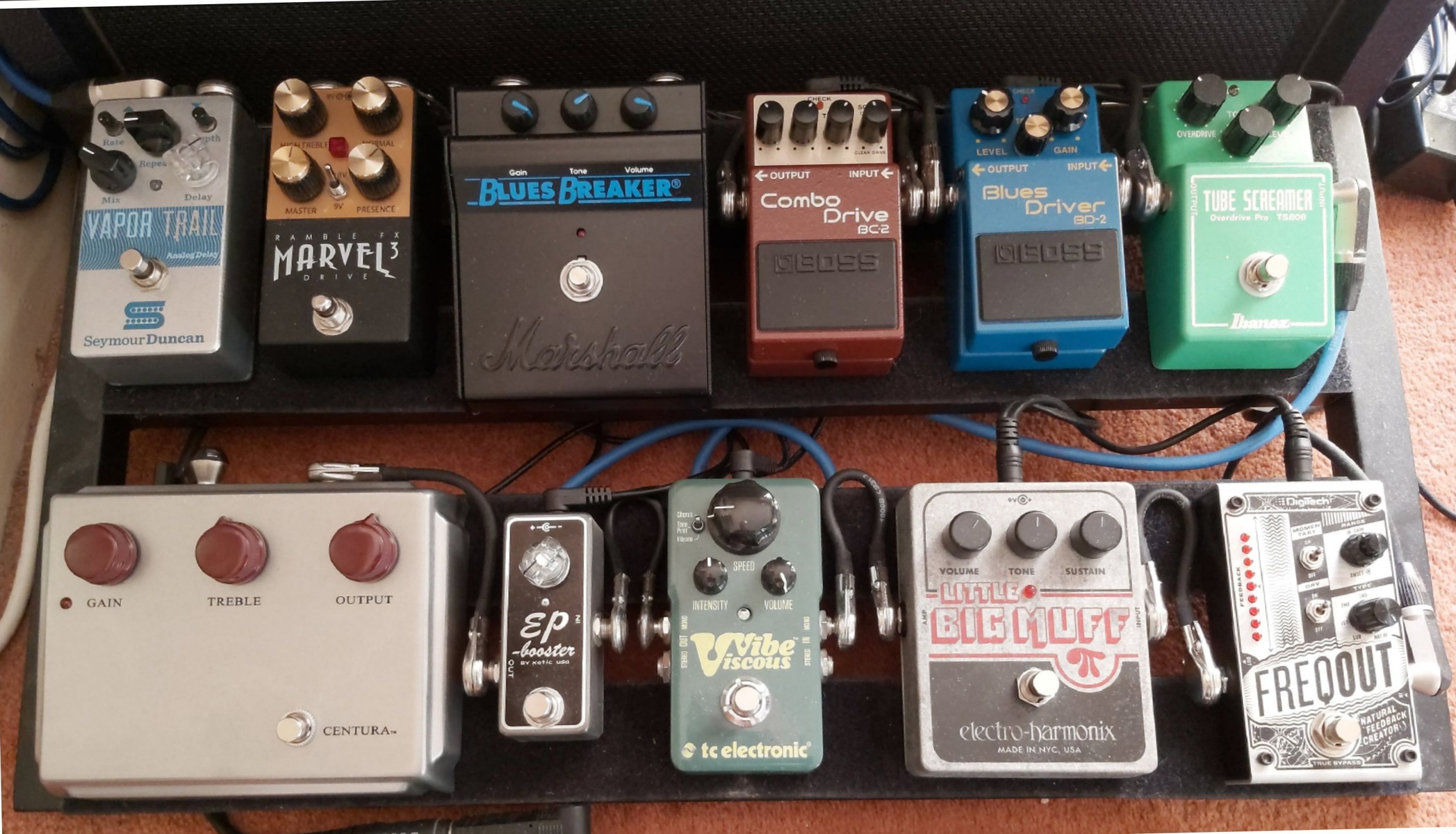 Country Pedalboard by lloydys featuring DigiTech FreqOut Natural Feedback Creator, Electro-Harmonix Little Big Muff Pi, and TC Electronic Viscous Vibe and 8 more pieces of gear