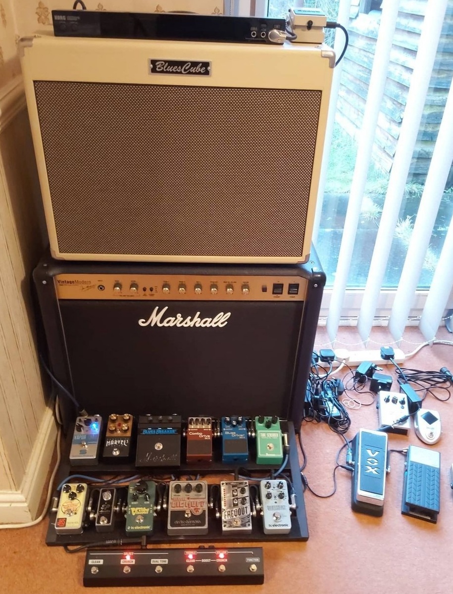 Pedalboard by lloydys featuring Marshall Vintage Modern 50W Combo, Roland Blues Cube Artist 80W 1X12 Guitar Combo Amp, and Vox 847-A Wah