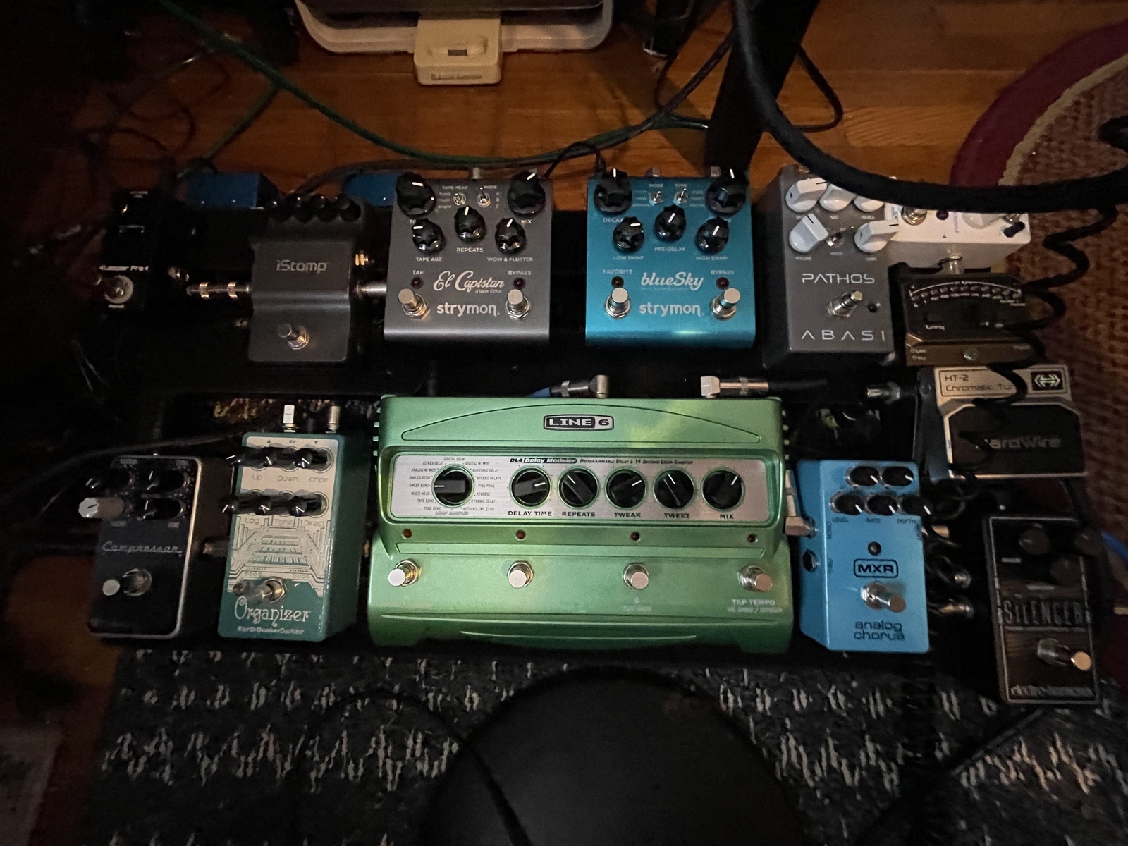 Pedalboard by weary_karmacid featuring Line 6 DL4 Delay Modeler, MXR M234 Analog Chorus, and Abasi Pathos Distortion Pedal and 4 more pieces of gear